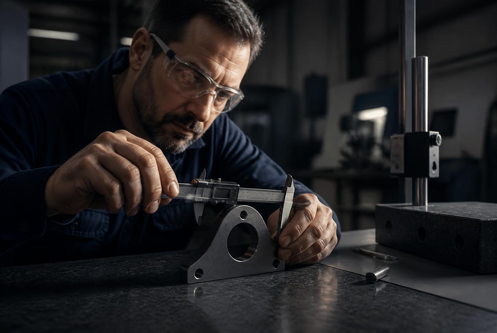 Inspector midiendo una pieza de acero con vernier digital sobre mesa de granito