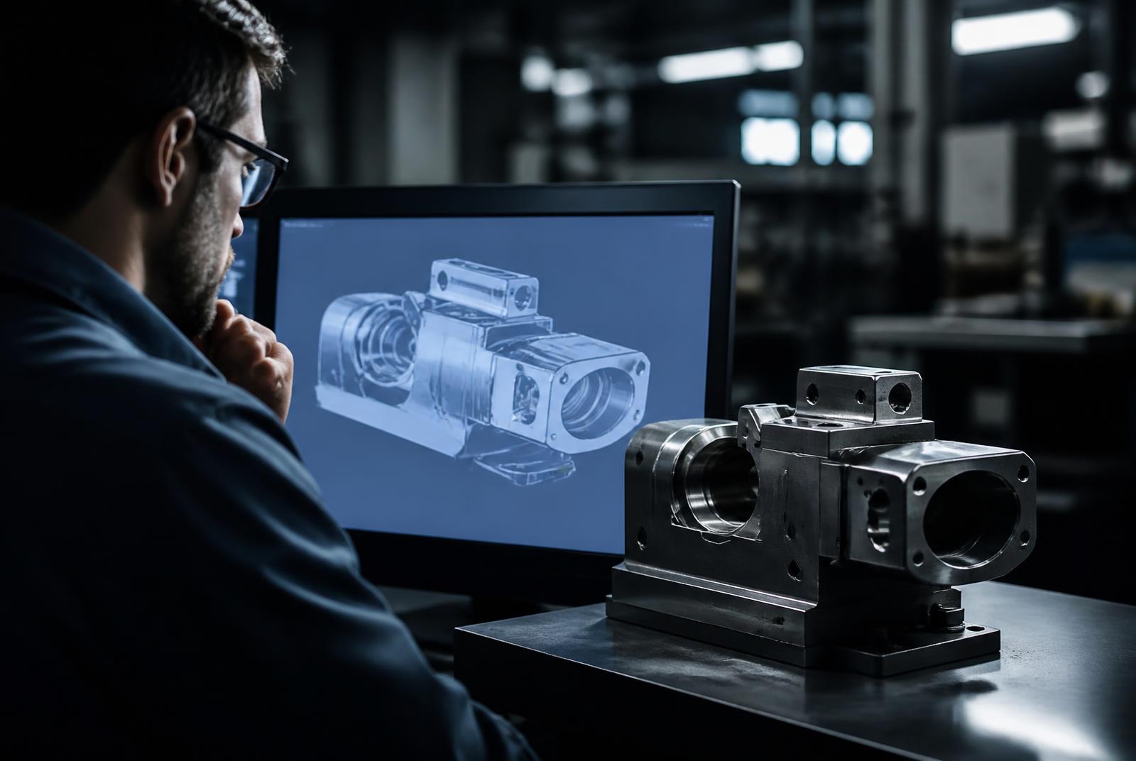 Ingeniero revisando el modelo CAD de una pieza junto al prototipo de acero maquinado