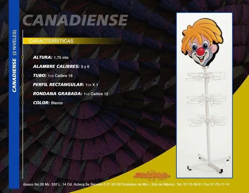 Ficha técnica: Exhibidor Canadiense de acero fabricado por ARANSA — Especificación del exhibidor de paleta payaso: altura, calibres, perfil y rondana grabada.