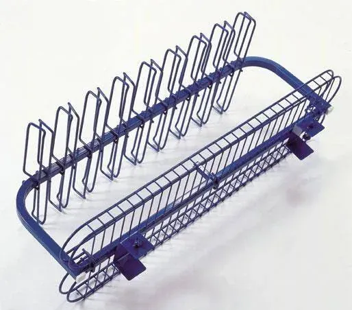 Exhibidor de mostrador de acero fabricado por ARANSA — Estructura de alambre curvado con acabado azul.